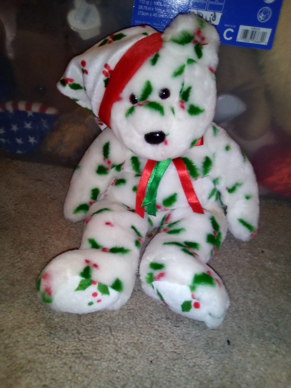 Ty White Plush Bear with Red & Green Holly Print